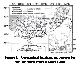 文本框:
Figure 1 Geographical locations and features for cold and warm zones in South China
